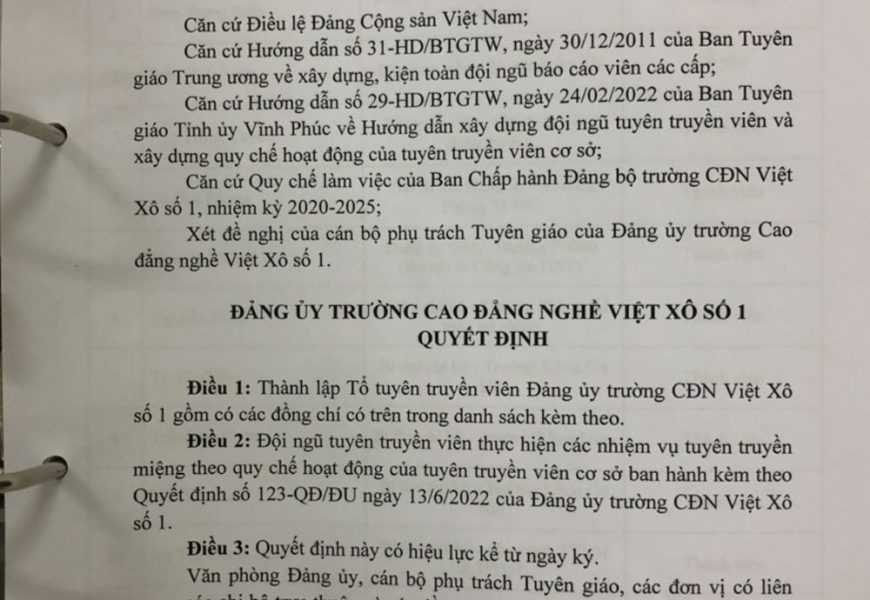 Quyết định về việc thành lập Tổ tuyên truyền viên Đảng ủy và Quy chế hoạt động